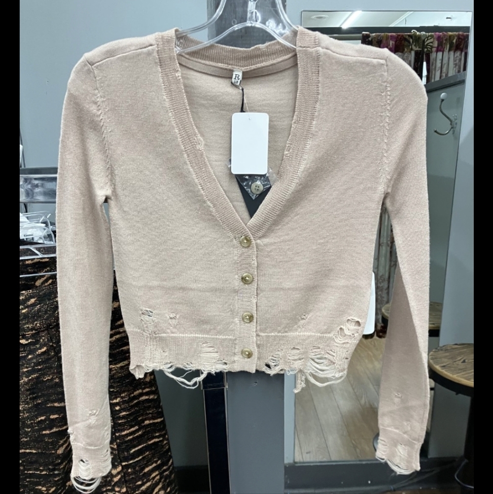 R13 Women's Beige Distressed Baby Cardigan - Picture 2 of 6
